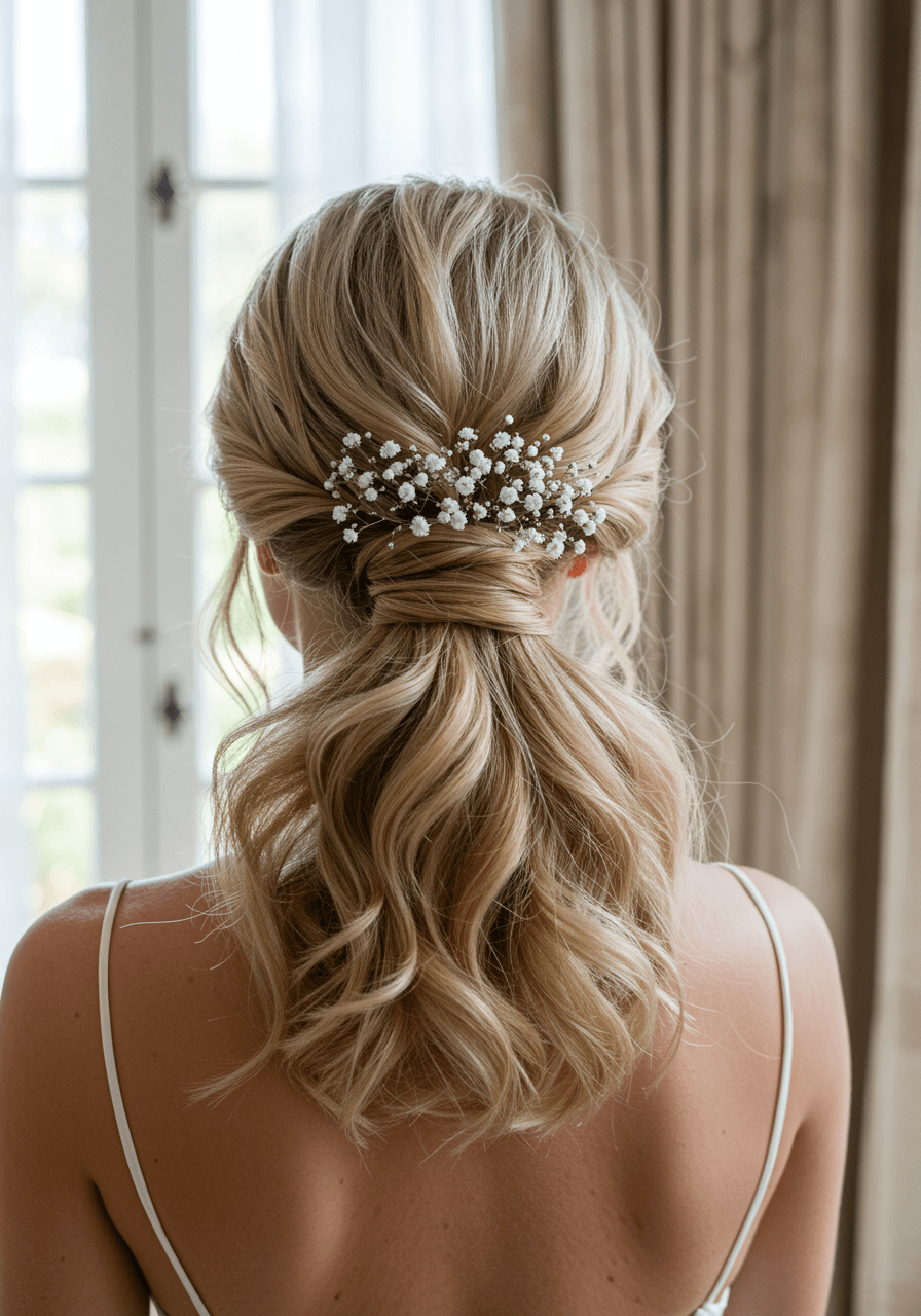 Close-up detail of bride's bubble ponytail with voluminous textured waves adorned with tiny white flowers in elegant bridal suite