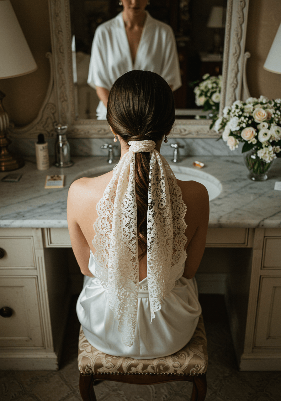 Overhead view of bride's lace scarf-wrapped ponytail showing intricate weaving technique in luxury hotel setting