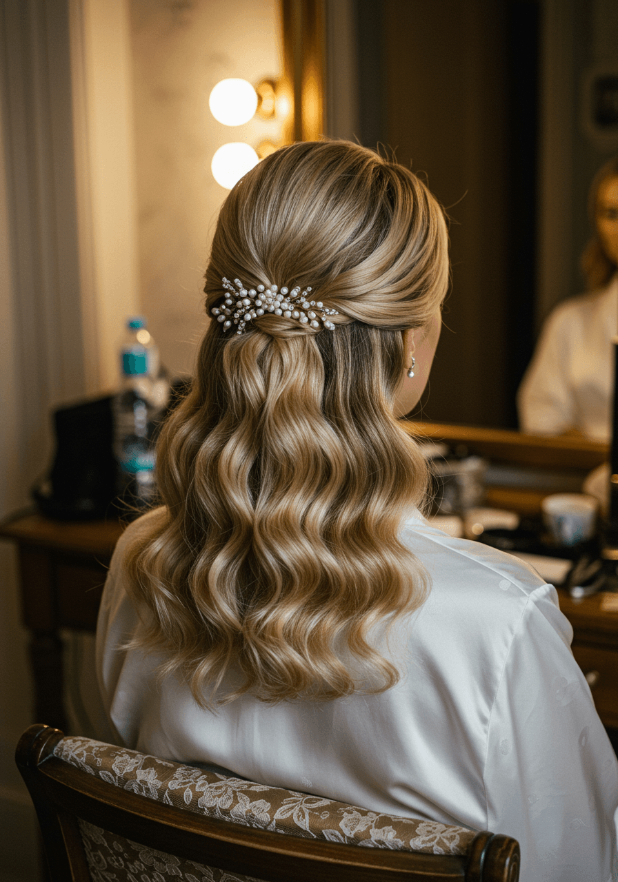 Rear view of bride's twisted chignon ponytail with vintage hair accessories in elegant bridal preparation room