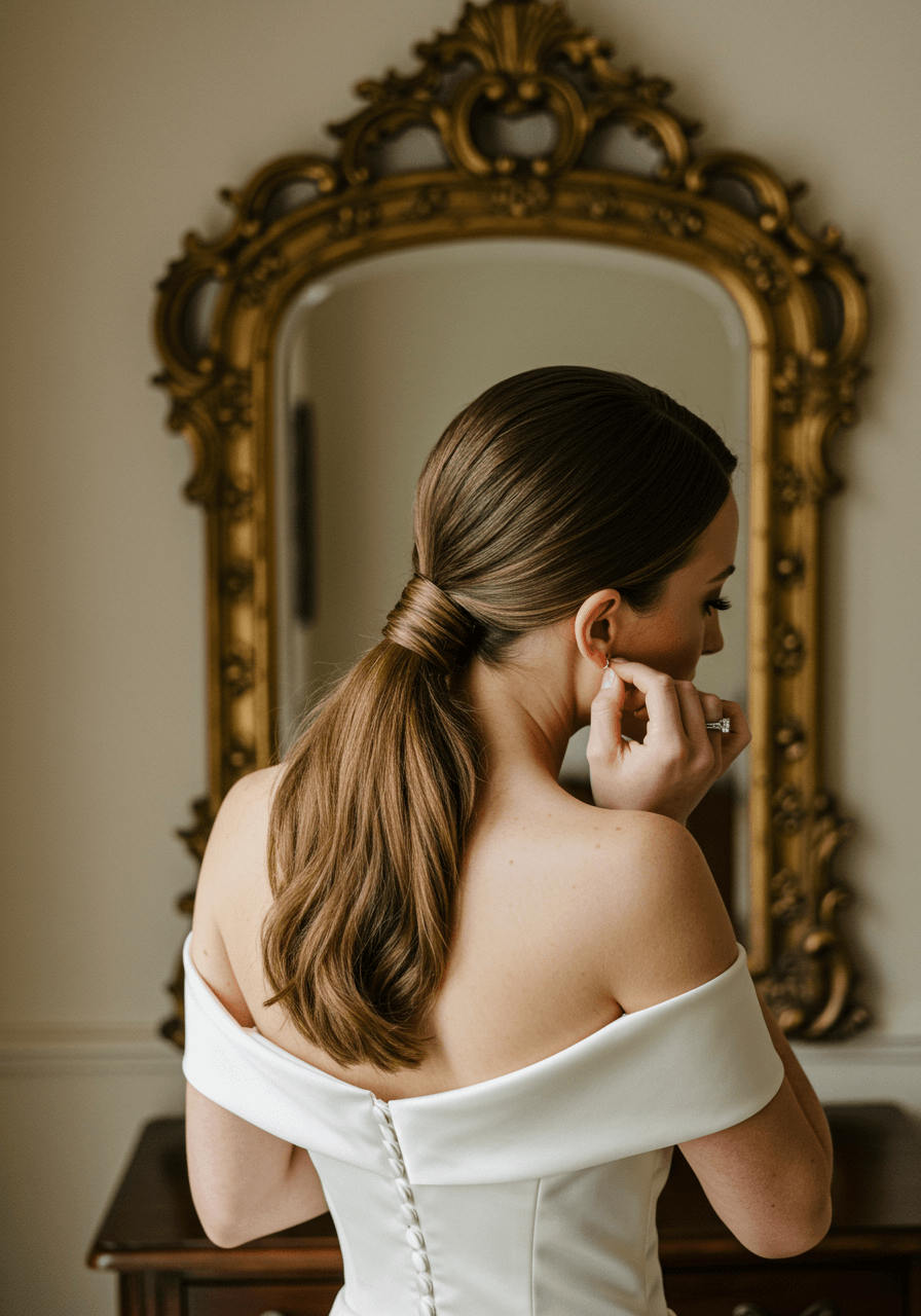 Elegant bride in off-shoulder satin gown adjusting pearl earrings with sleek low ponytail before ornate vintage mirror