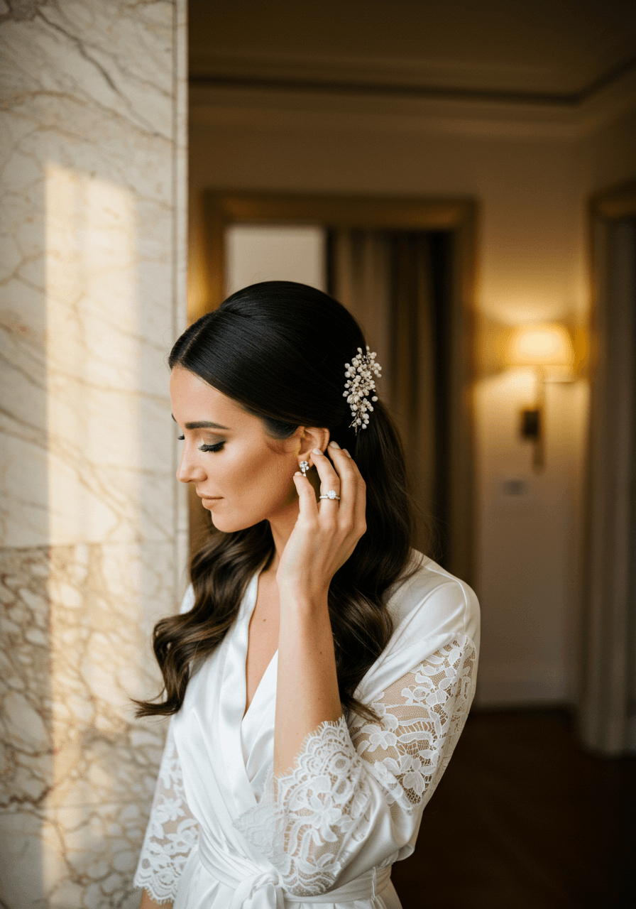 Bride gently touching her sleek side-swept ponytail in elegant golden hour lighting showing hair movement