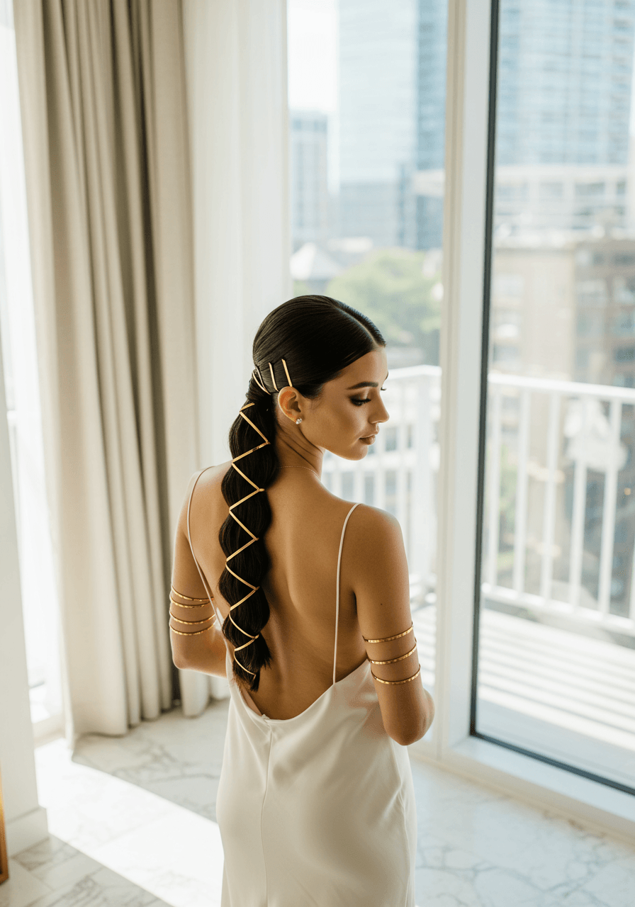Full body view of bride showcasing gold cuff sectional ponytail in ivory slip dress during natural window lighting