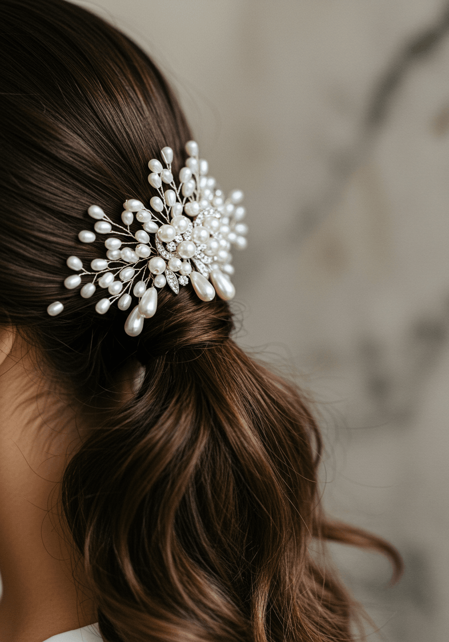 Close-up detail of ornate pearl comb with cascading droplets securing sleek low ponytail in luxurious marble bridal room