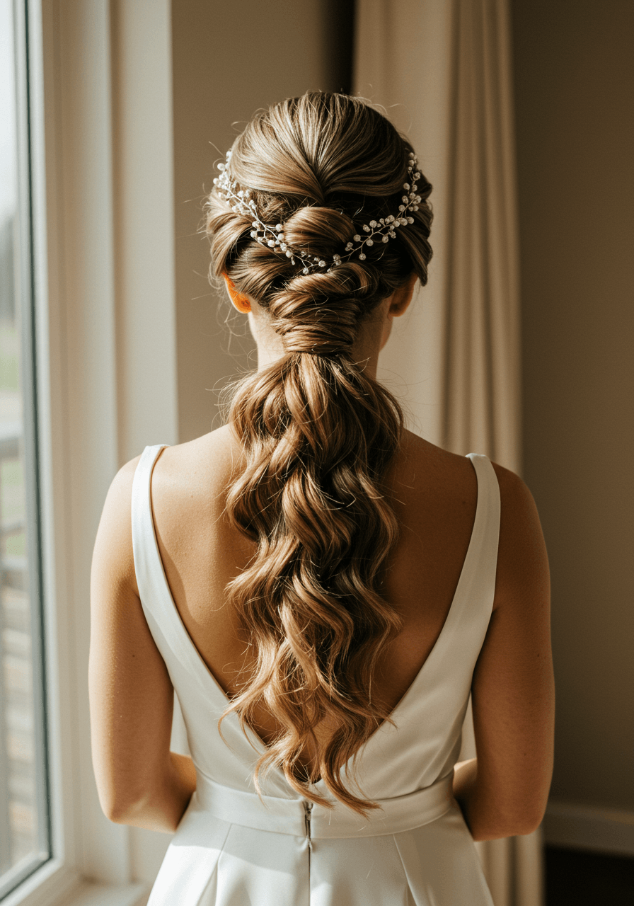 Elegant bride with twisted rope braid ponytail adorned with pearl accessories in sleek satin dress in sunlit bridal suite