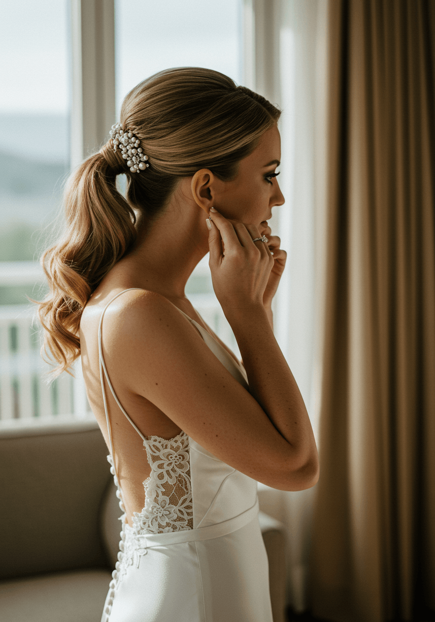 Bride adjusting pearl earring while showcasing voluminous high ponytail in elegant bridal preparation scene
