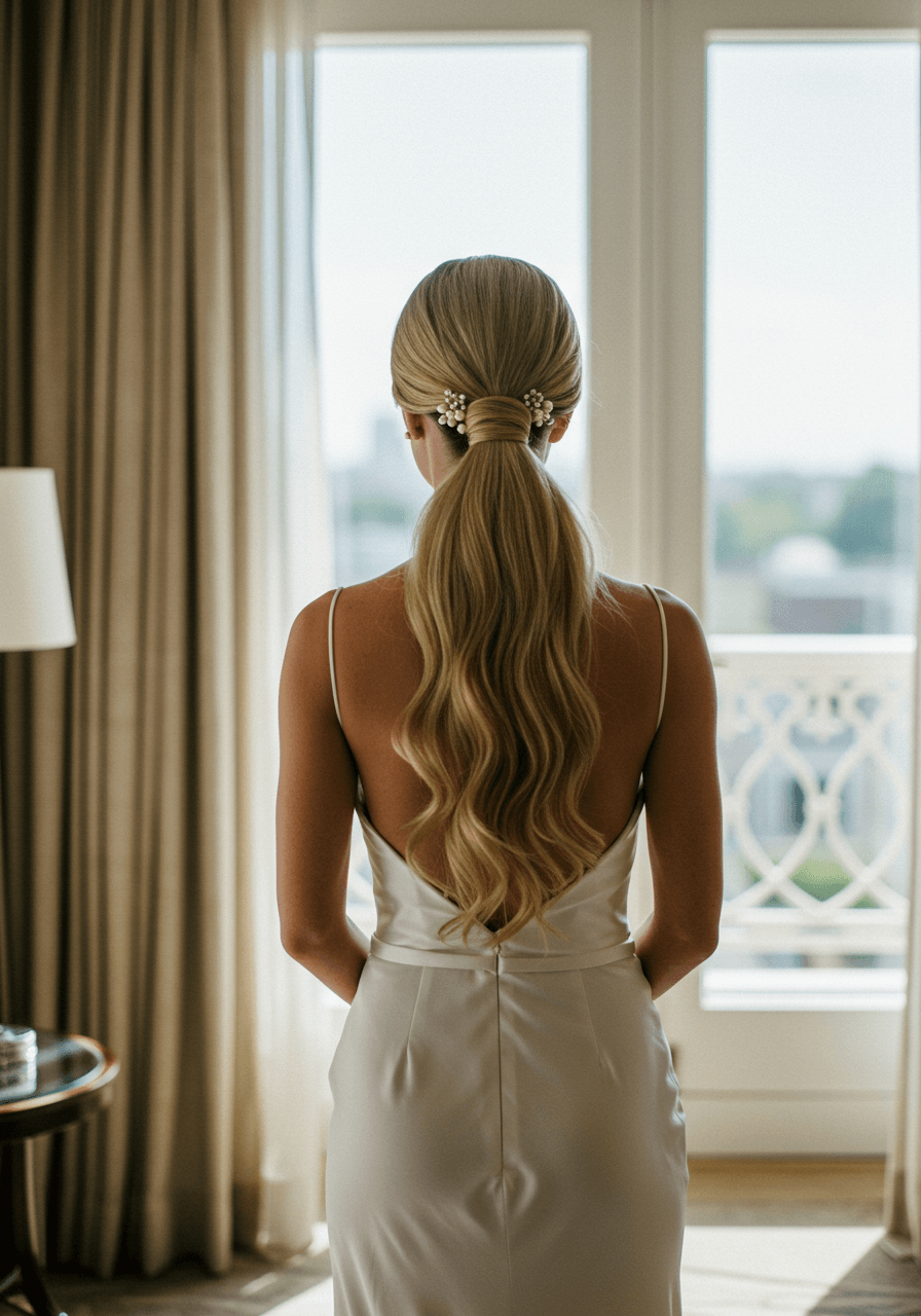 Elegant bride with classic voluminous high ponytail in white silk gown in luxurious bridal suite during morning light
