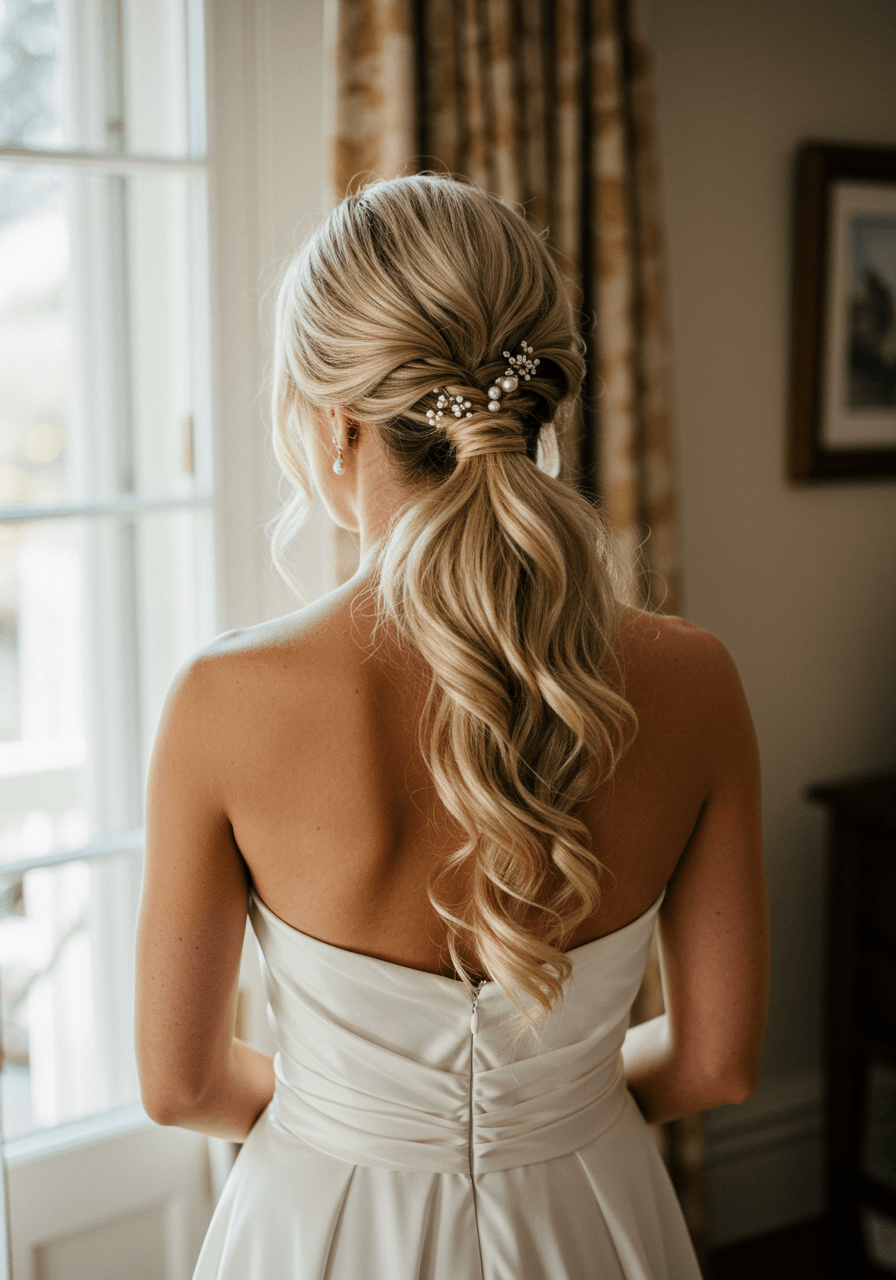 Bride with elegant undone fishtail braid ponytail in strapless silk gown by French windows during golden hour