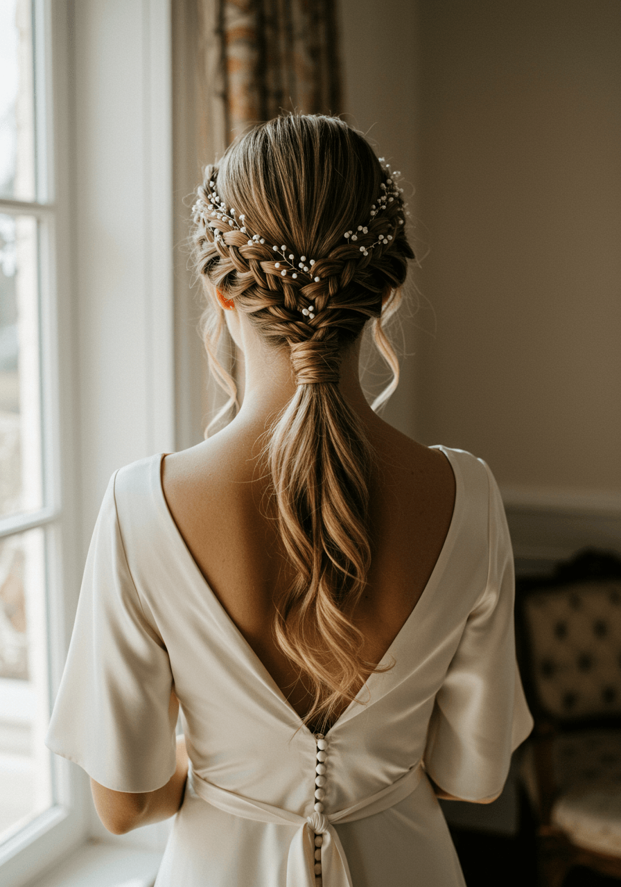Elegant bride with braided crown flowing into sleek low ponytail in off-white silk gown in sunlit bridal suite