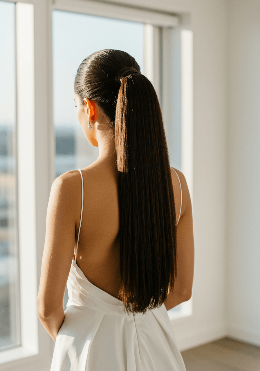 Bride with mirror-finish glass hair ponytail in modern bridal suite during golden hour showing reflective hair texture