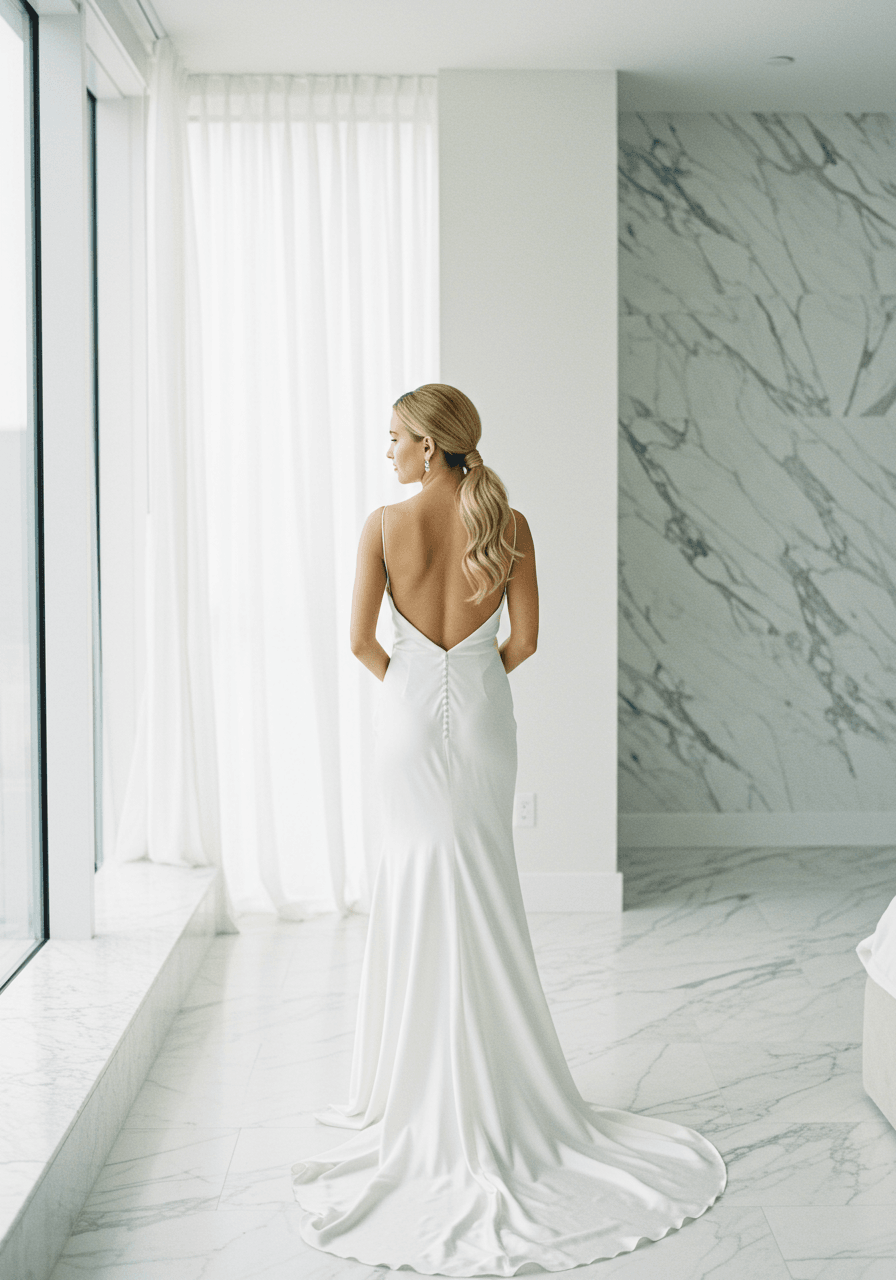 Modern bride in sleek white silk wedding dress with centre-parted low ponytail in minimalist bridal suite
