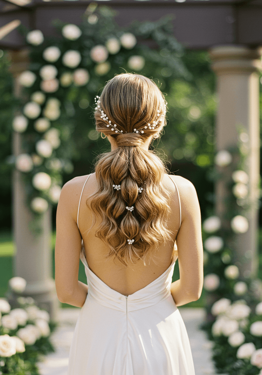 Romantic bride with bubble ponytail hairstyle in flowing silk dress standing in sunlit garden pavilion with white roses