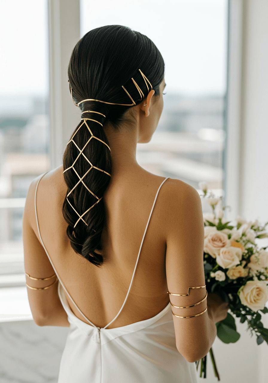 Bride with sectional ponytail featuring multiple gold cuffs in modern minimalist bridal suite with floor-to-ceiling windows