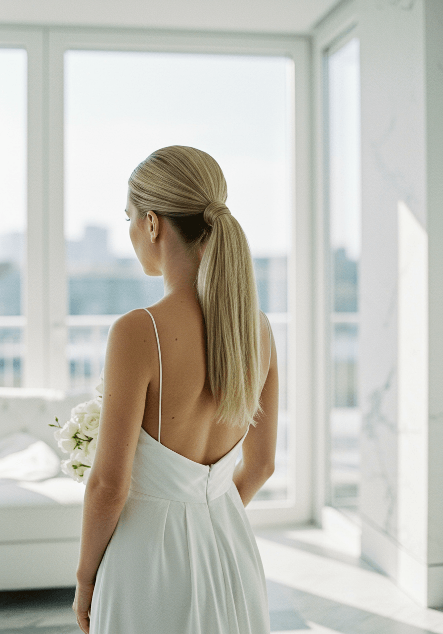 Bride with ultra-high sleek ponytail featuring glass-like finish in minimalist bridal suite with floor-to-ceiling windows