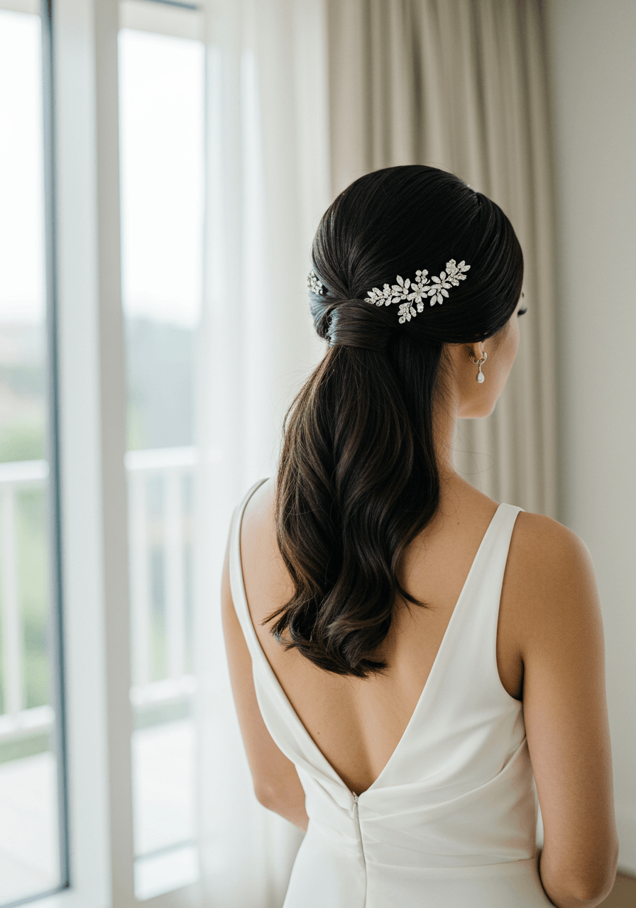 Bride with sleek low ponytail dramatically swept to one side in minimalist bridal suite during soft morning light