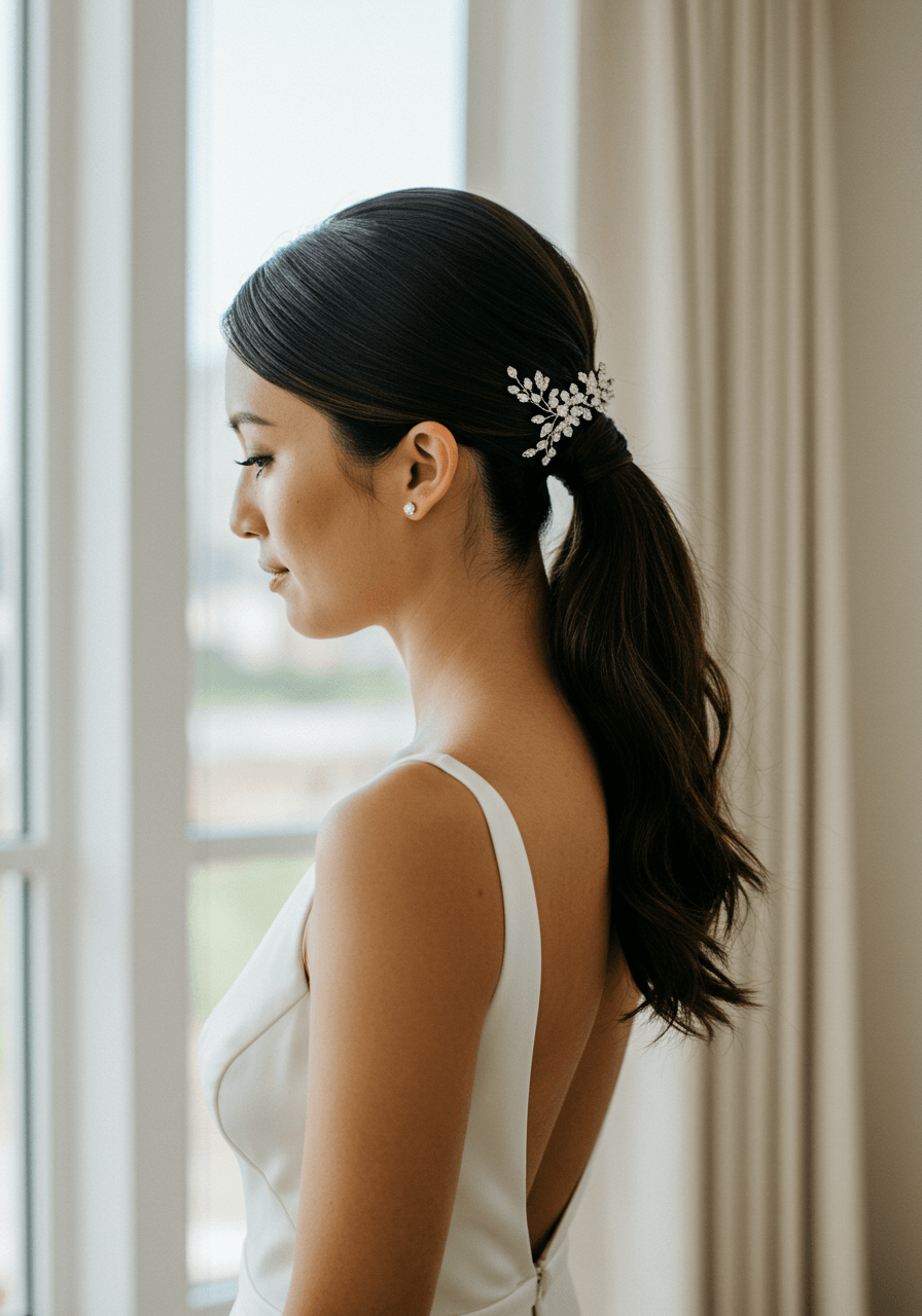 Frontal view of bride's dramatically side-swept ponytail showing asymmetrical styling in modern minimalist setting