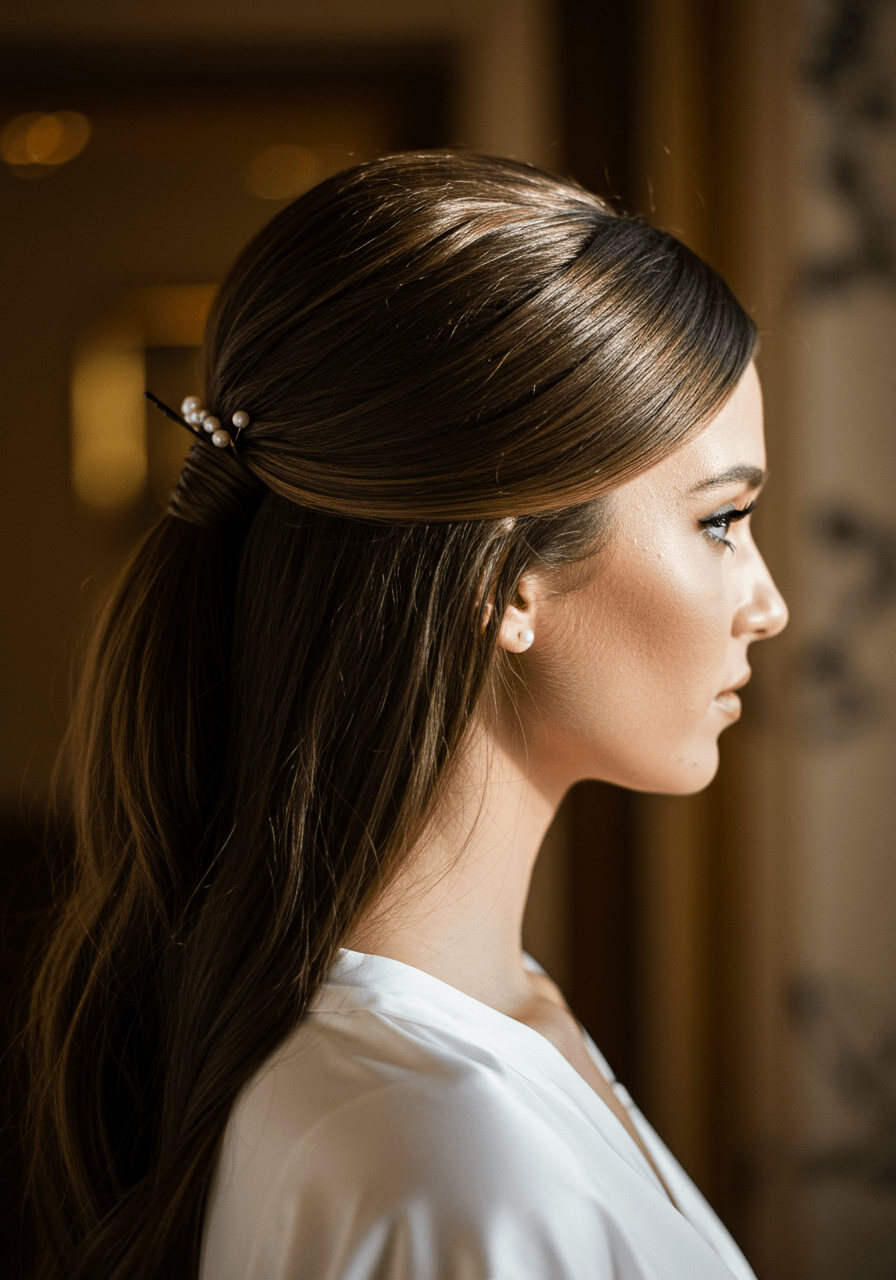 Bride's profile showing sleek ponytail with deep side part in luxurious marble hotel room during golden hour