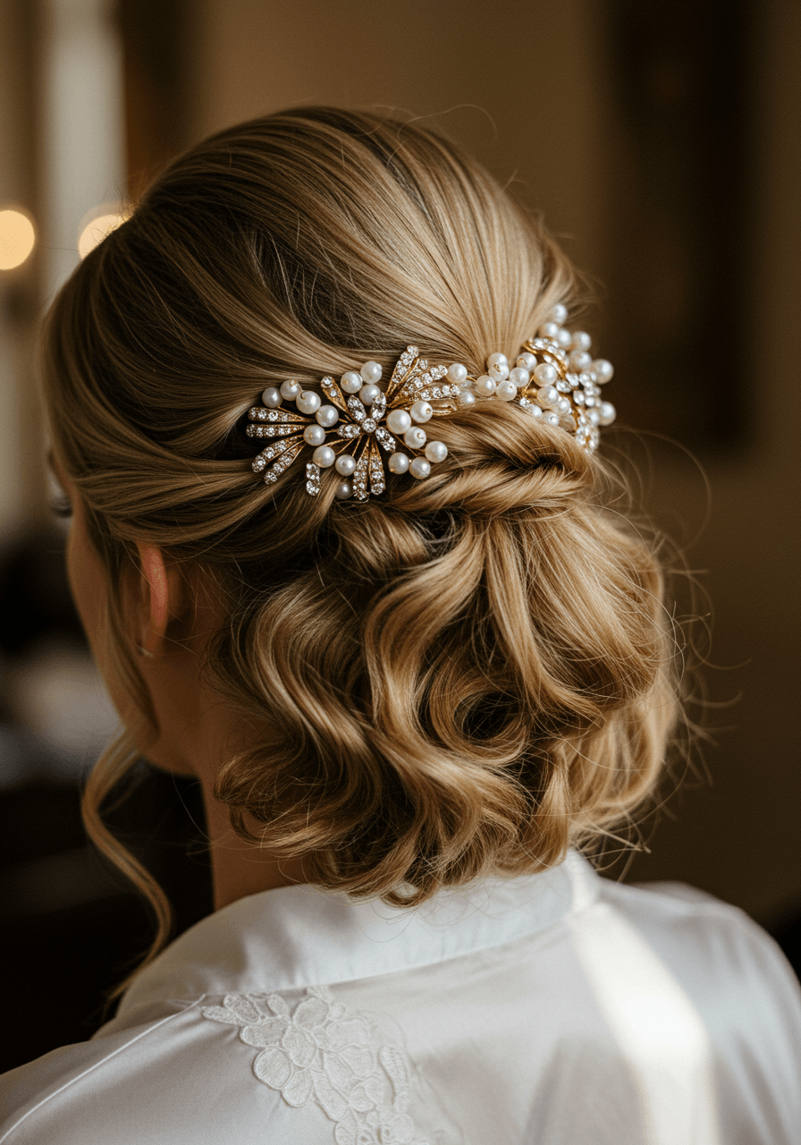 Detailed view of bride's Hollywood waves styled into low chignon with vintage pearl hair accessories in classic Art Deco bridal room