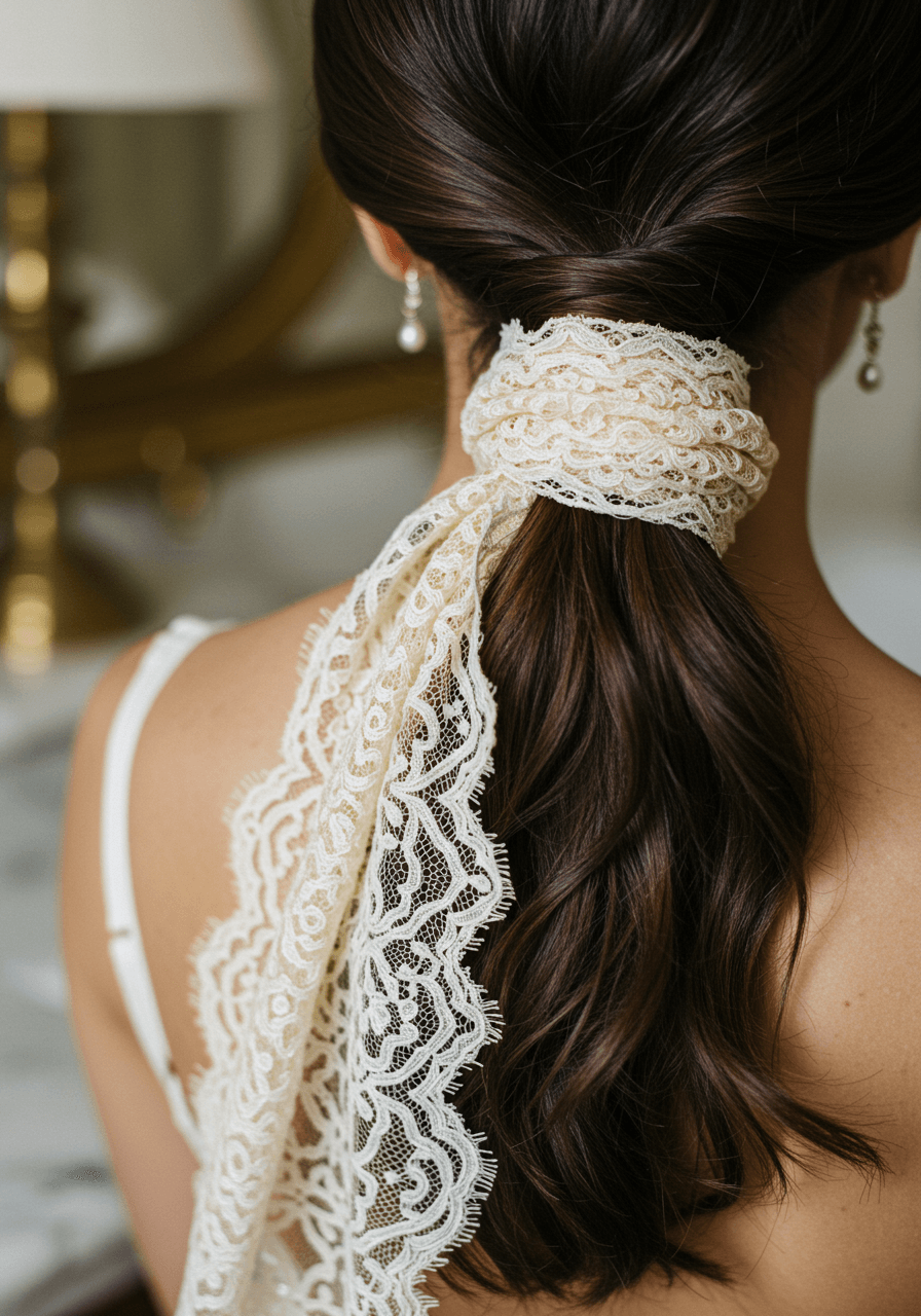 Close-up detail of vintage lace scarf artfully woven through low ponytail against marble vanity in opulent bridal suite