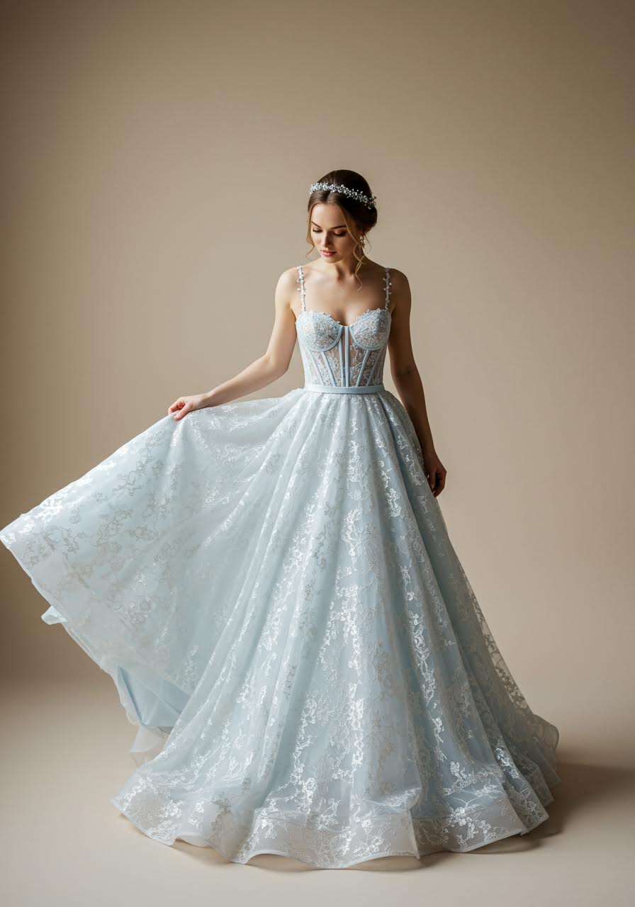Bride adjusting flowing skirt of blue and white lace ball gown showing dress movement