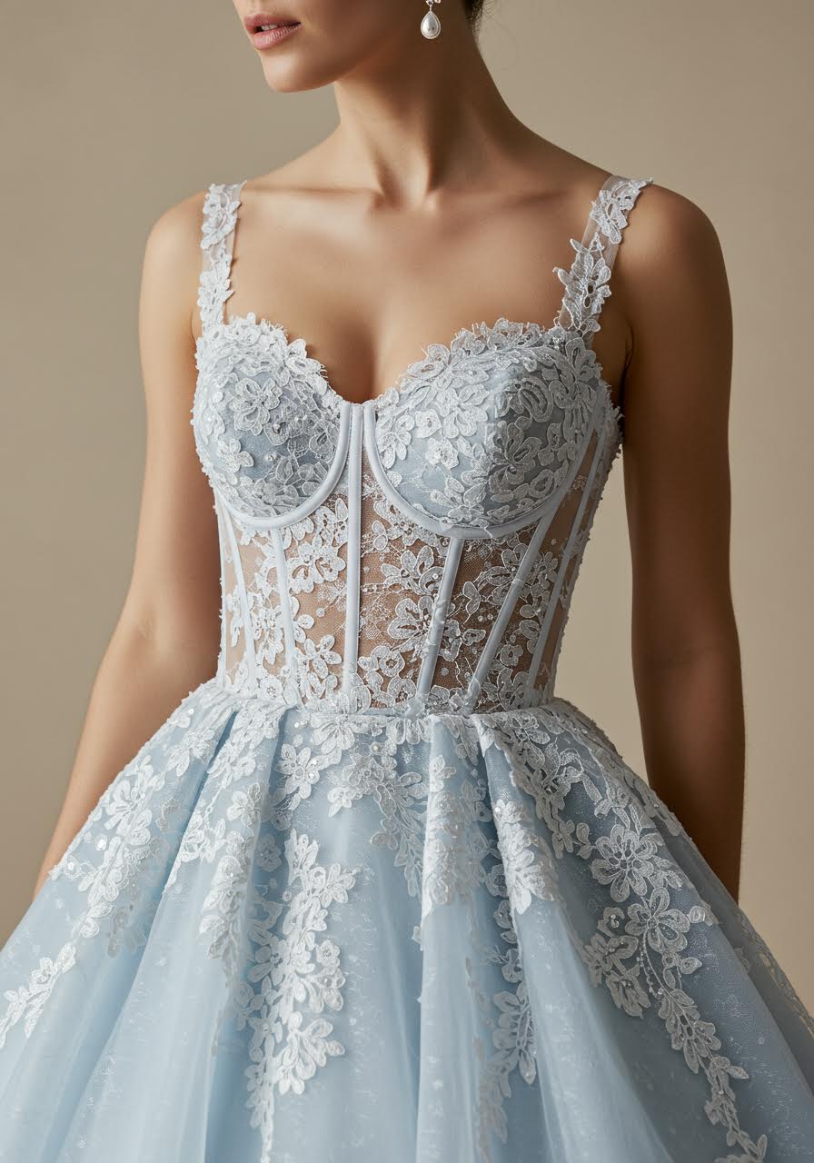 Blue and white lace ball gown with fitted corset bodice and voluminous tulle skirt