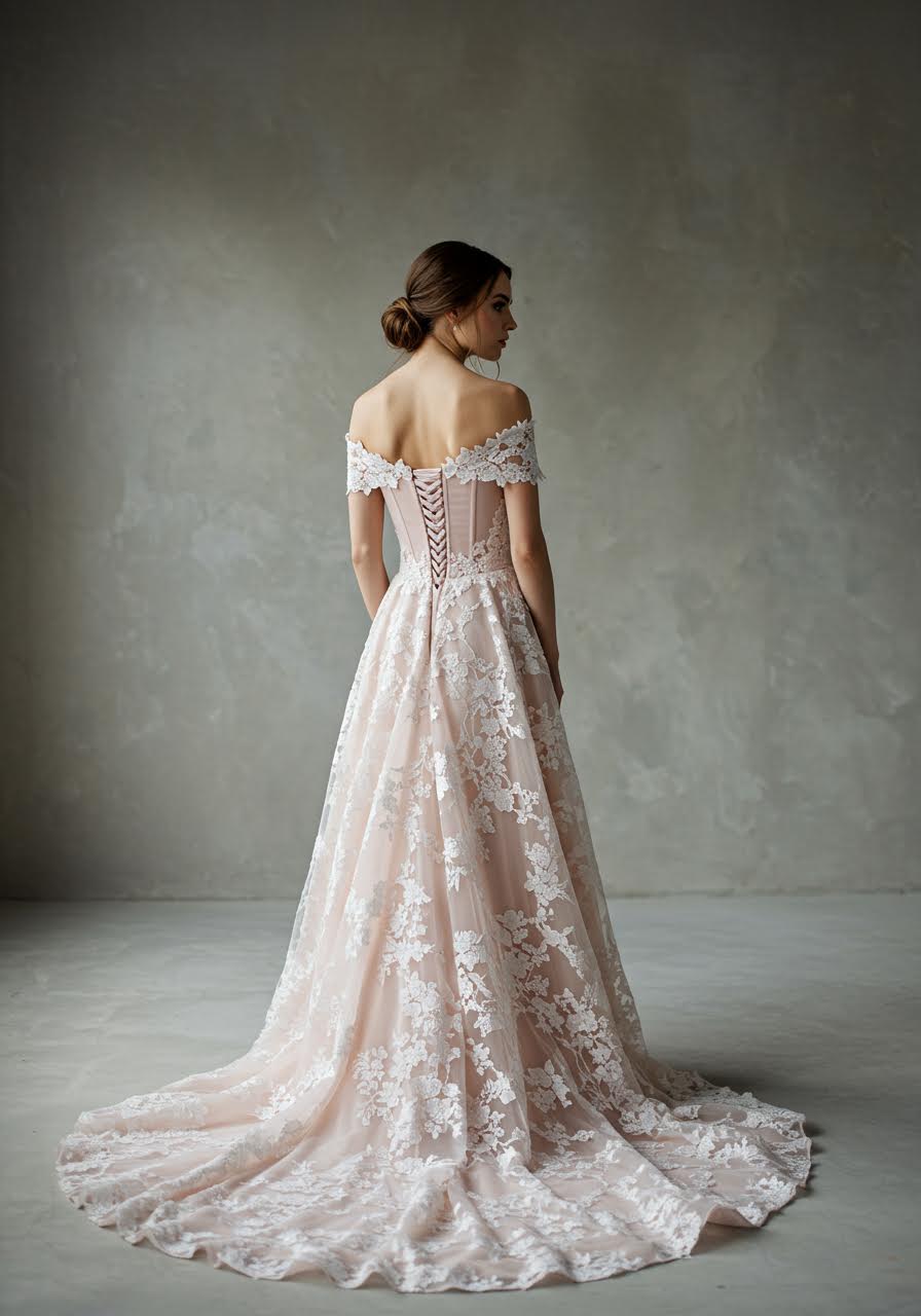 Blush pink wedding gown with illusion lace bodice and romantic floral appliqués