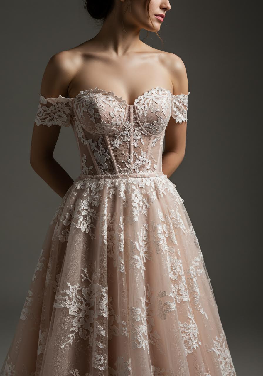 Low angle view of blush pink corset bodice showing intricate lace detailing and structure