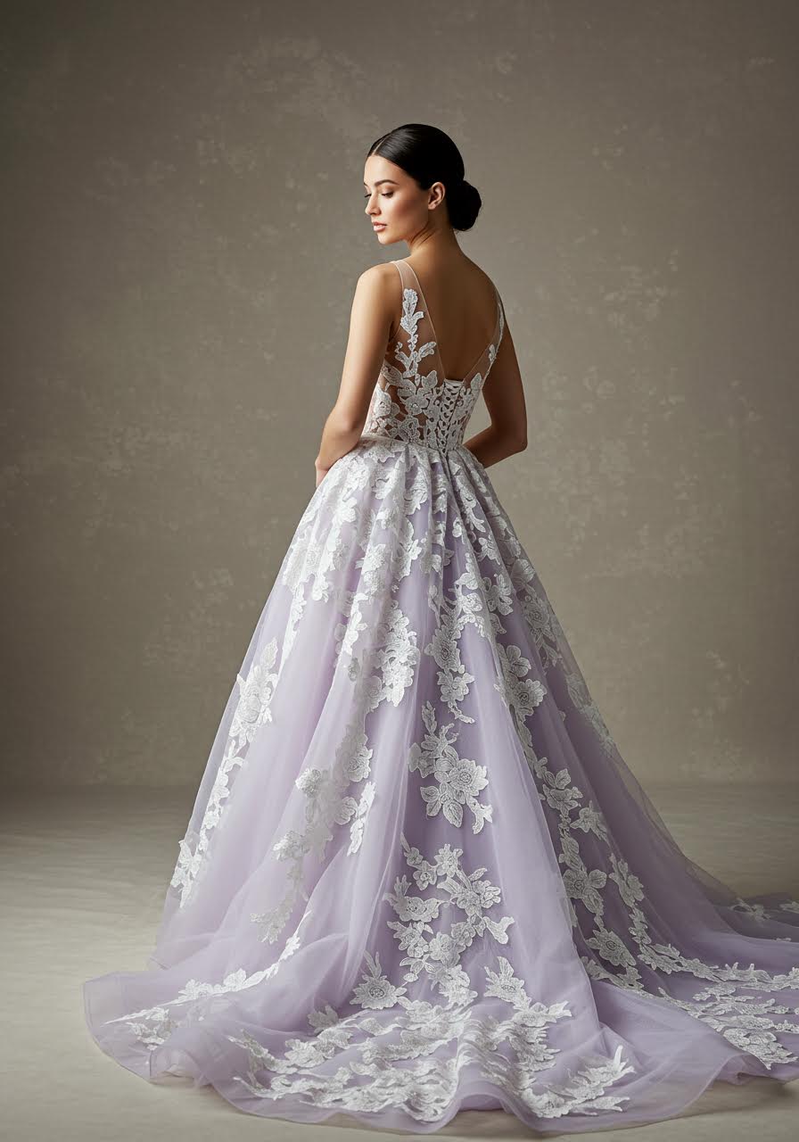 Lavender lace A-line wedding gown with elegant silhouette and delicate embellishments