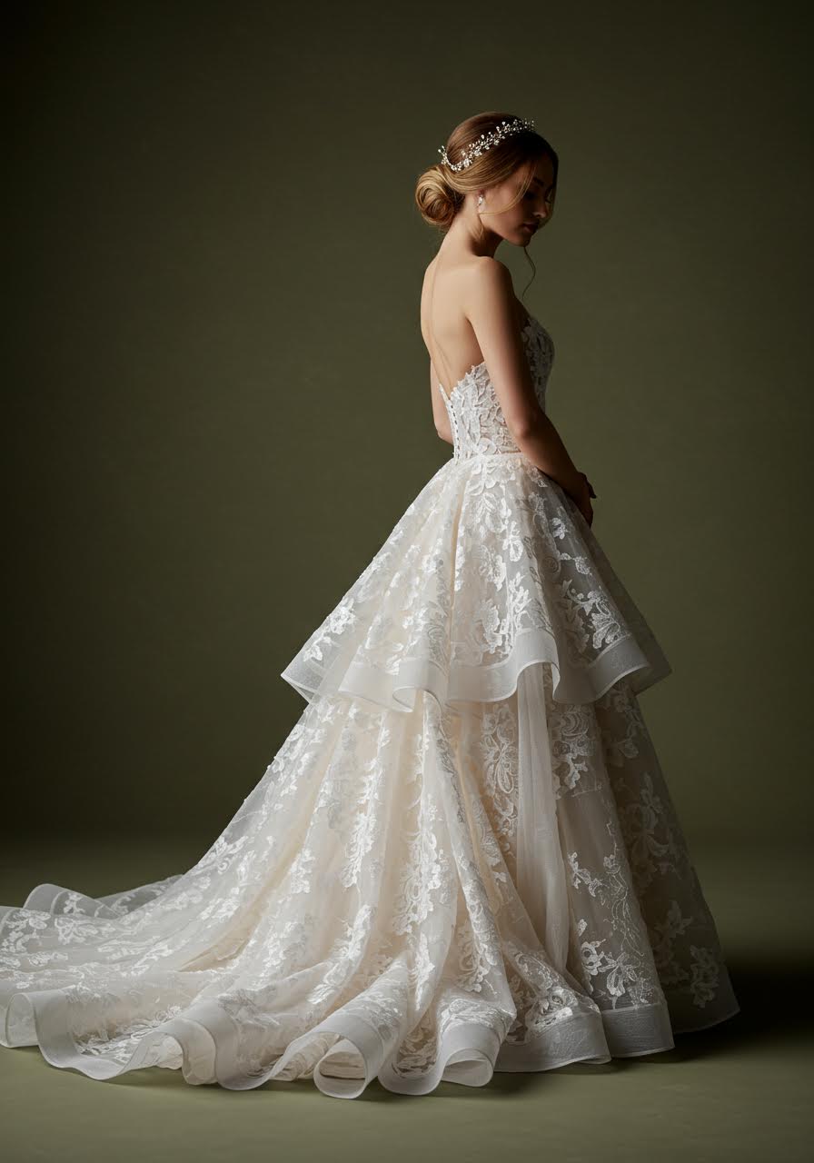 Elaborate ball gown construction showing masterful layering of lace and tulle in couture creation