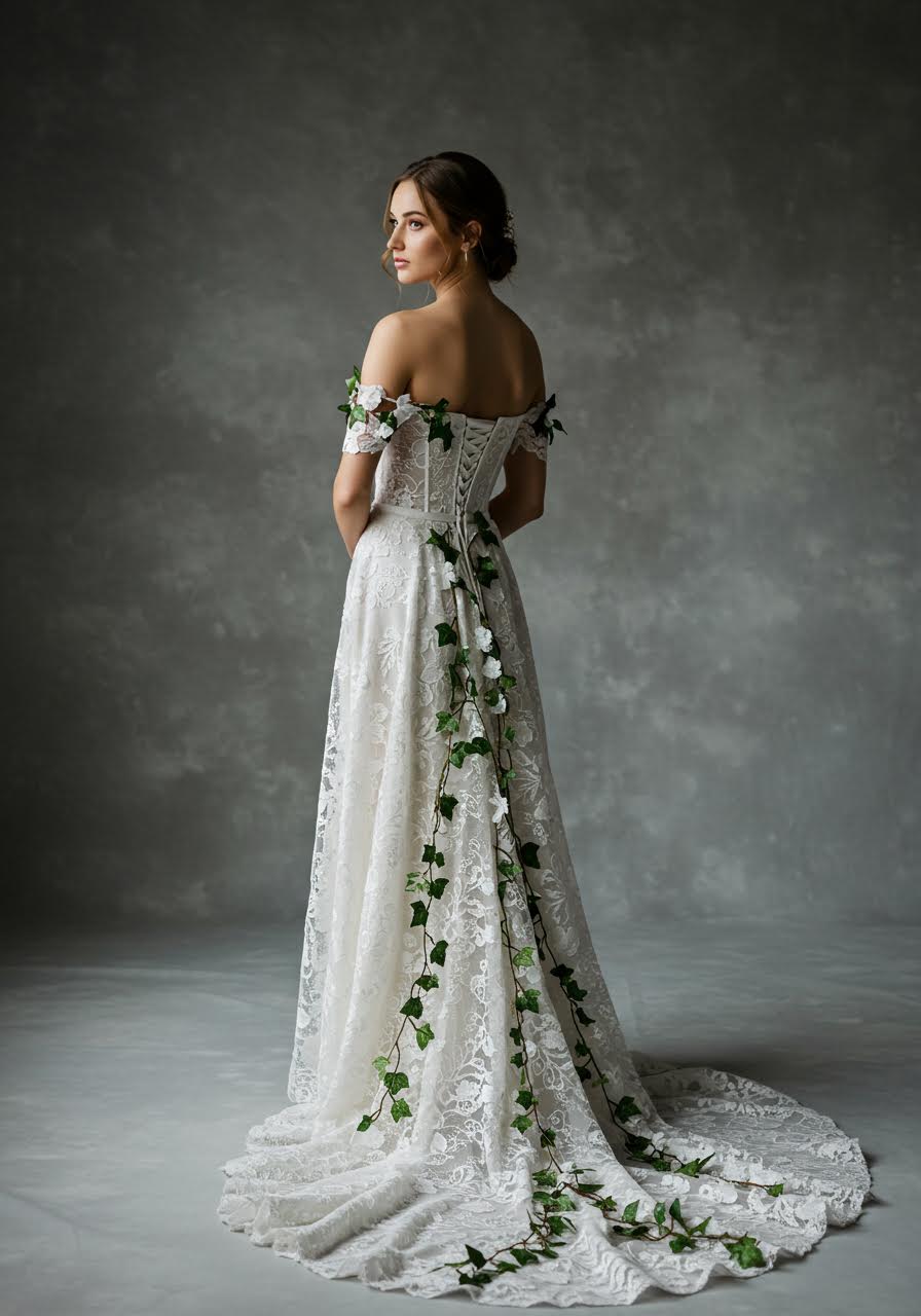Bride in ivy lace wedding gown with trailing botanical appliqués and off-the-shoulder design