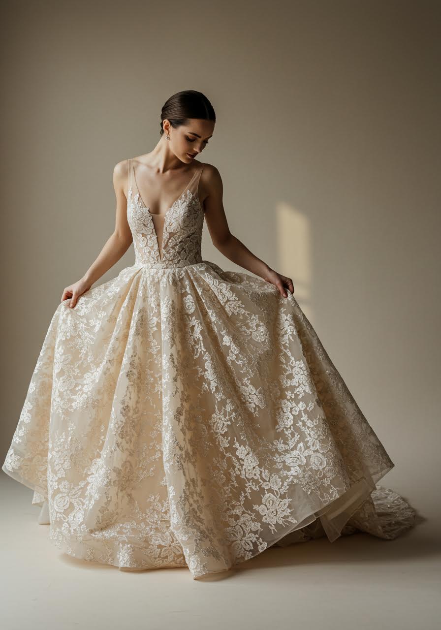 Overhead perspective of champagne lace ball gown showing intricate skirt construction and design