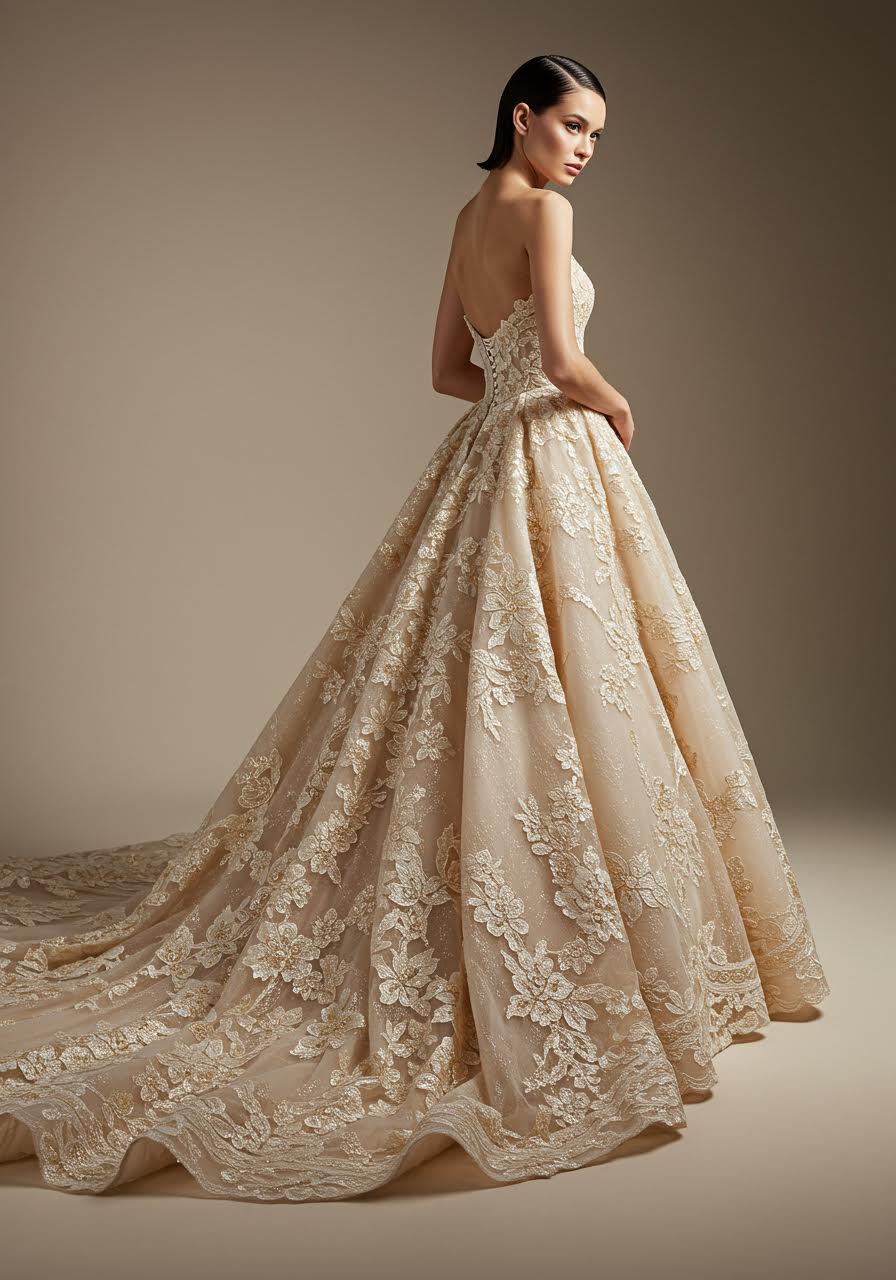 Champagne ball gown with gold accents and elaborate lace detailing in full skirt