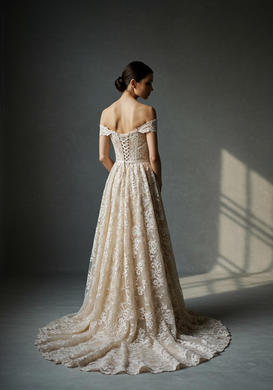 Champagne lace wedding gown with golden threading and luxurious textural details