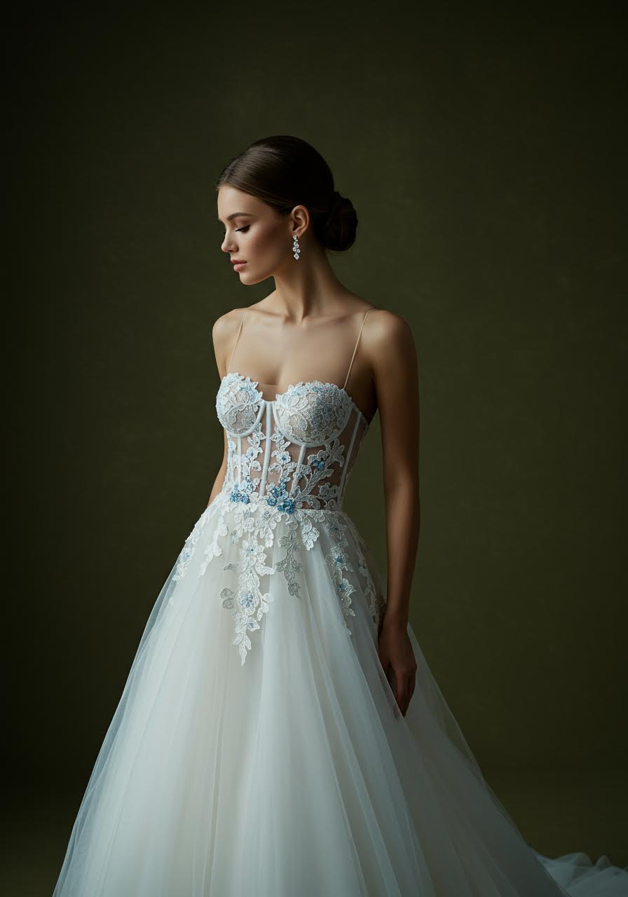 A-line wedding gown with powder blue lace accents and flowing romantic silhouette