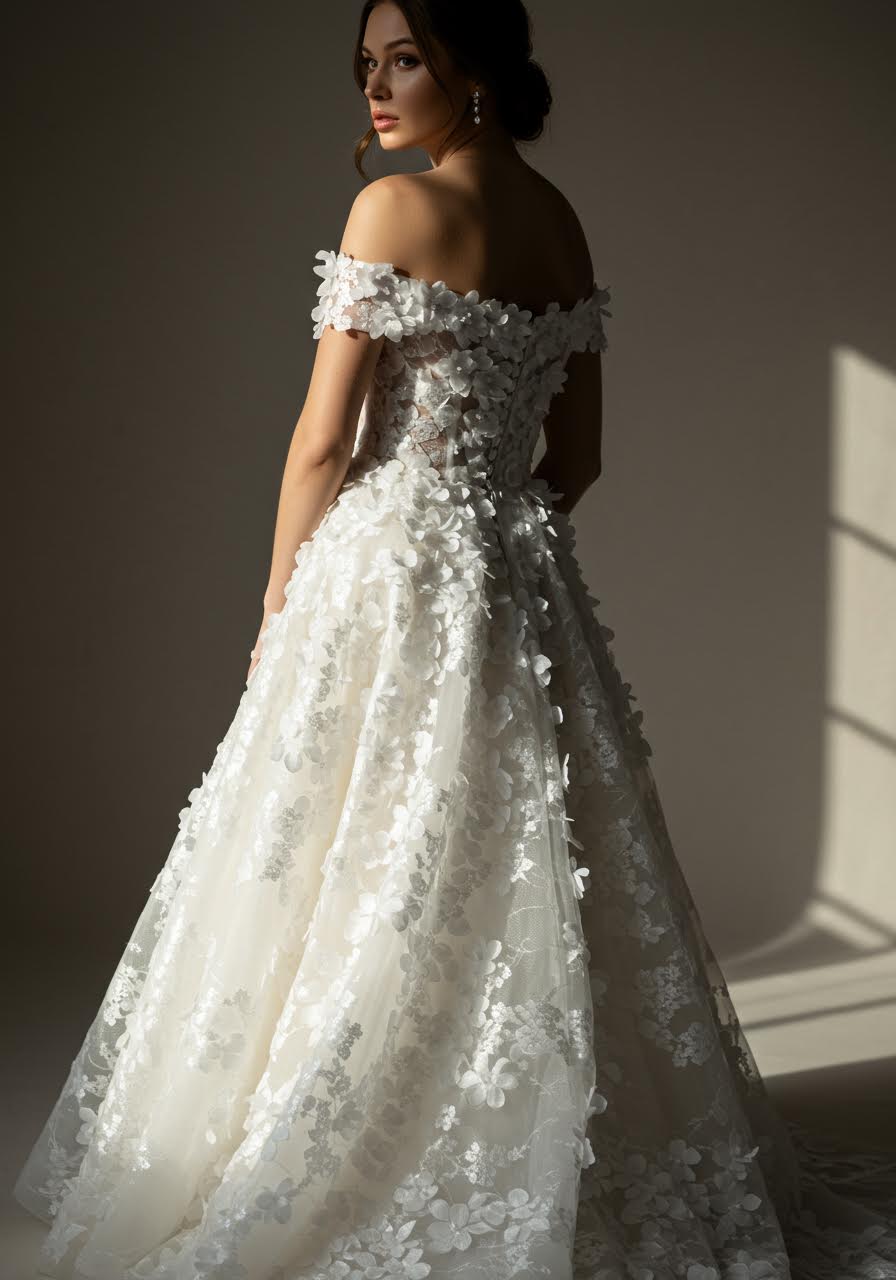 Golden hour portrait highlighting dimensional lace texture and intricate floral appliqué work