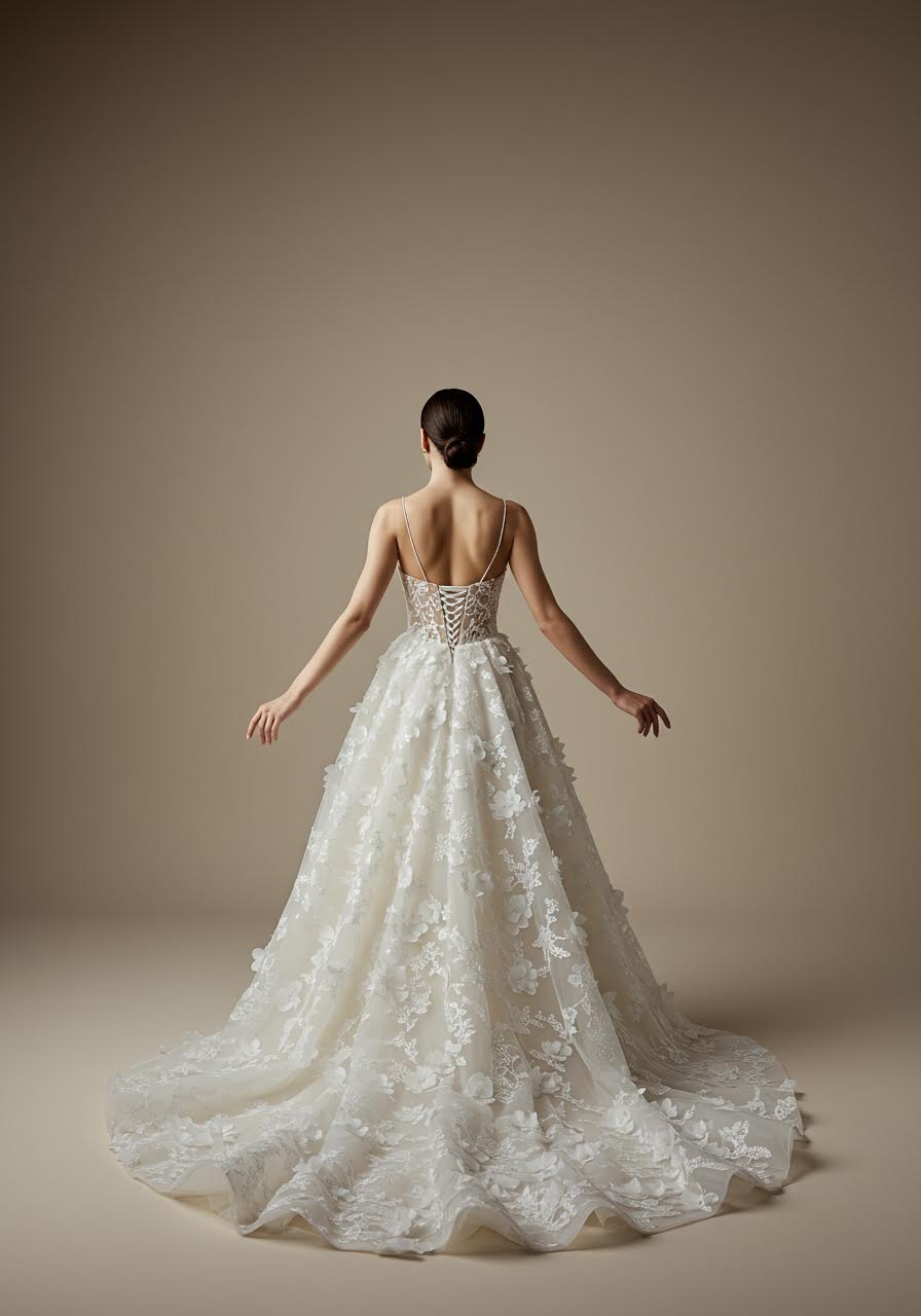 Bride with extended arms in floral lace gown demonstrating elegant pose and dress drape