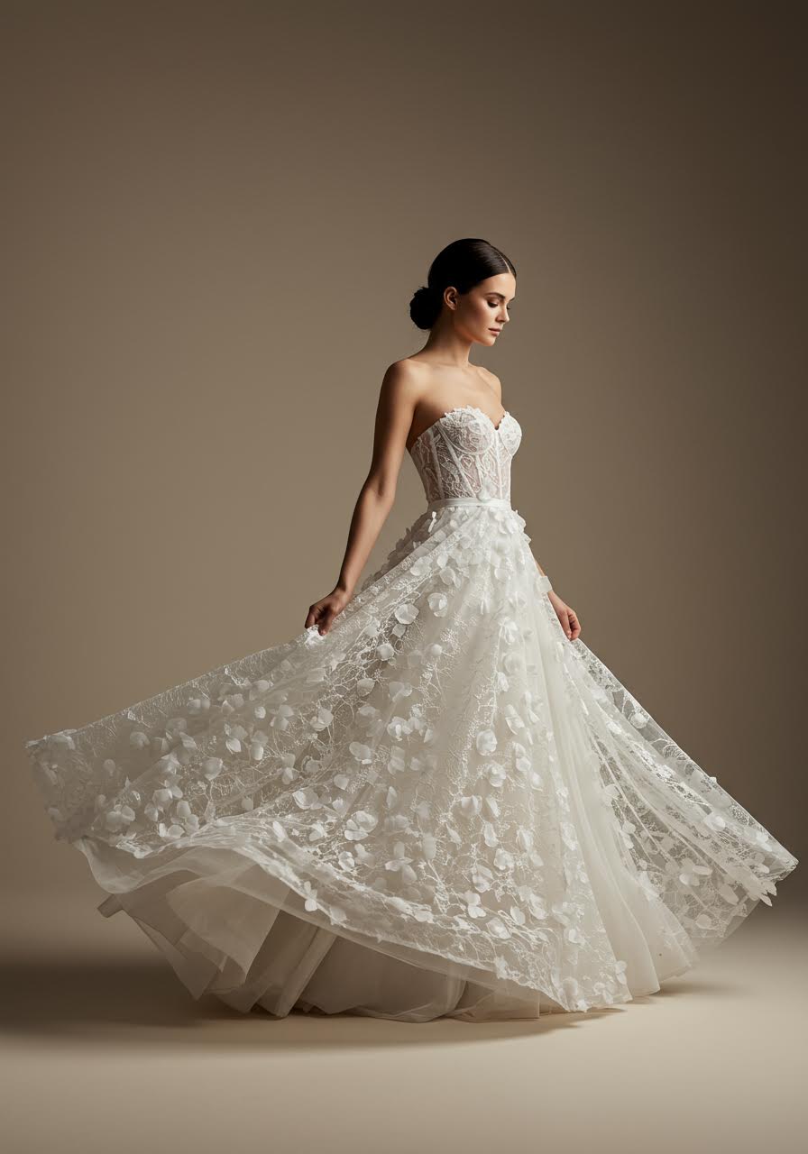 Bride twirling in elegant floral lace gown showing beautiful dress movement and flow