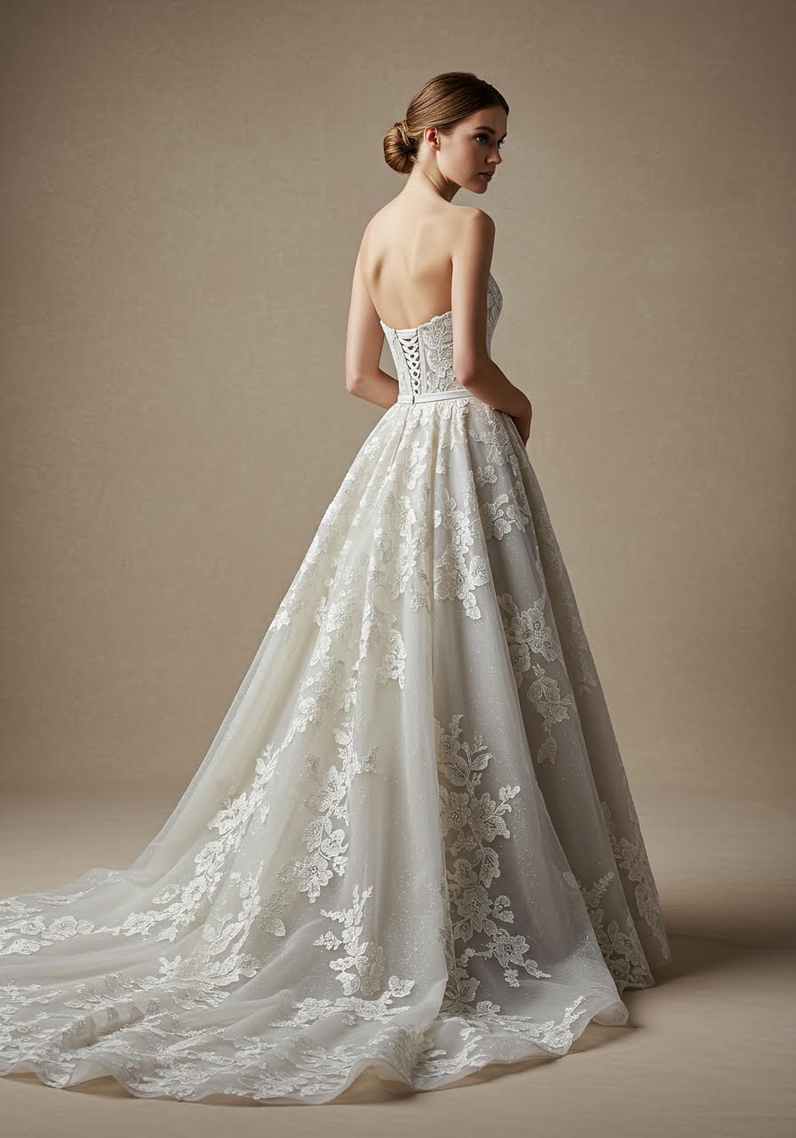 Structured gray lace ball gown with architectural bodice and voluminous romantic skirt