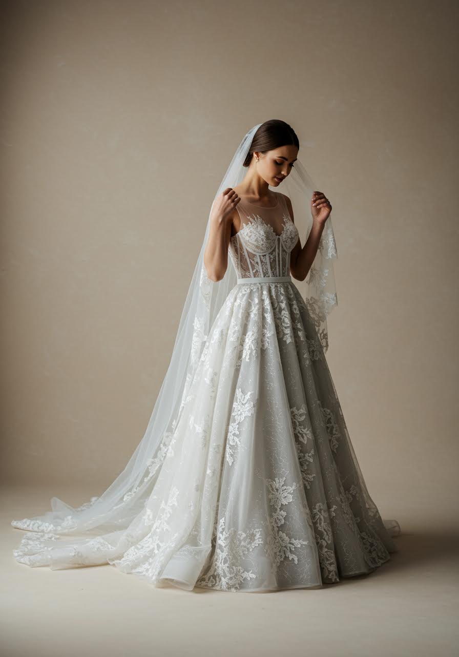 Bride adjusting veil in gray lace gown showing moment of bridal preparation