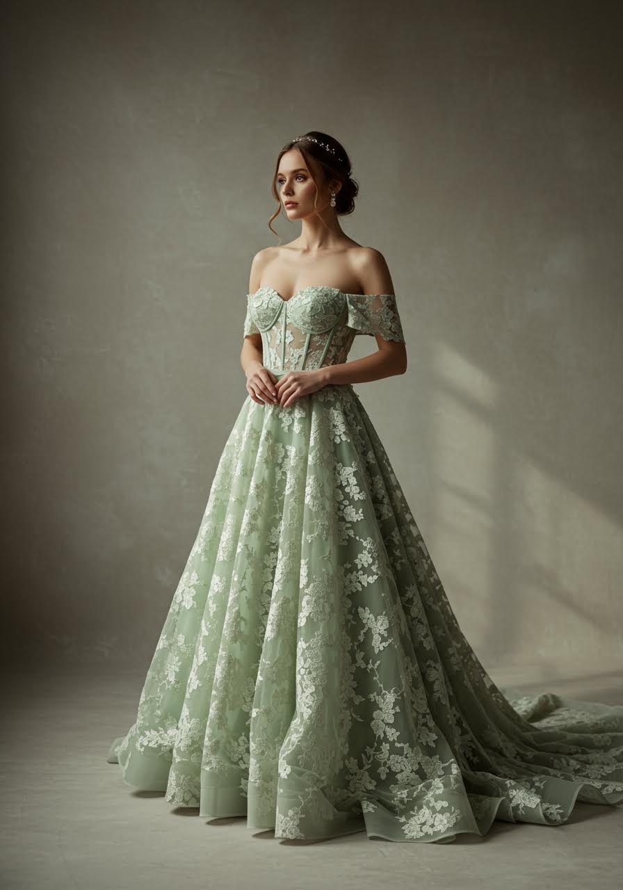 Enchanted sage green lace wedding gown with botanical floral appliqués and flowing design