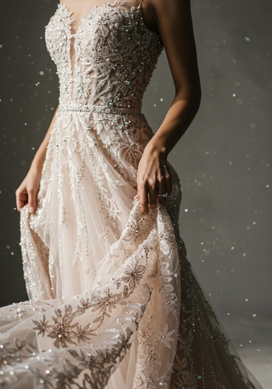 Close-up of bride adjusting crystal lace train showing intricate beadwork detail
