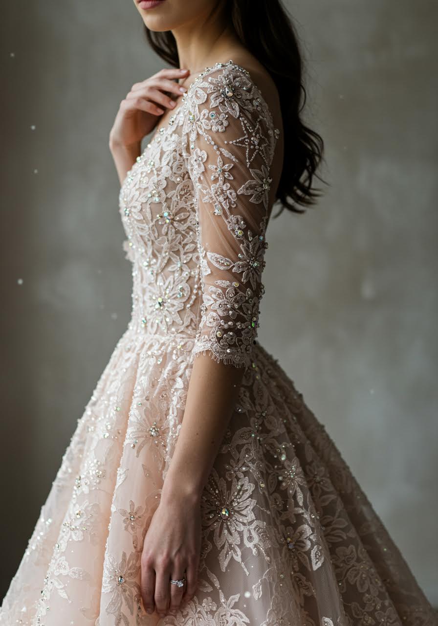 Ethereal crystal-embellished lace wedding gown with sparkling beadwork and romantic train