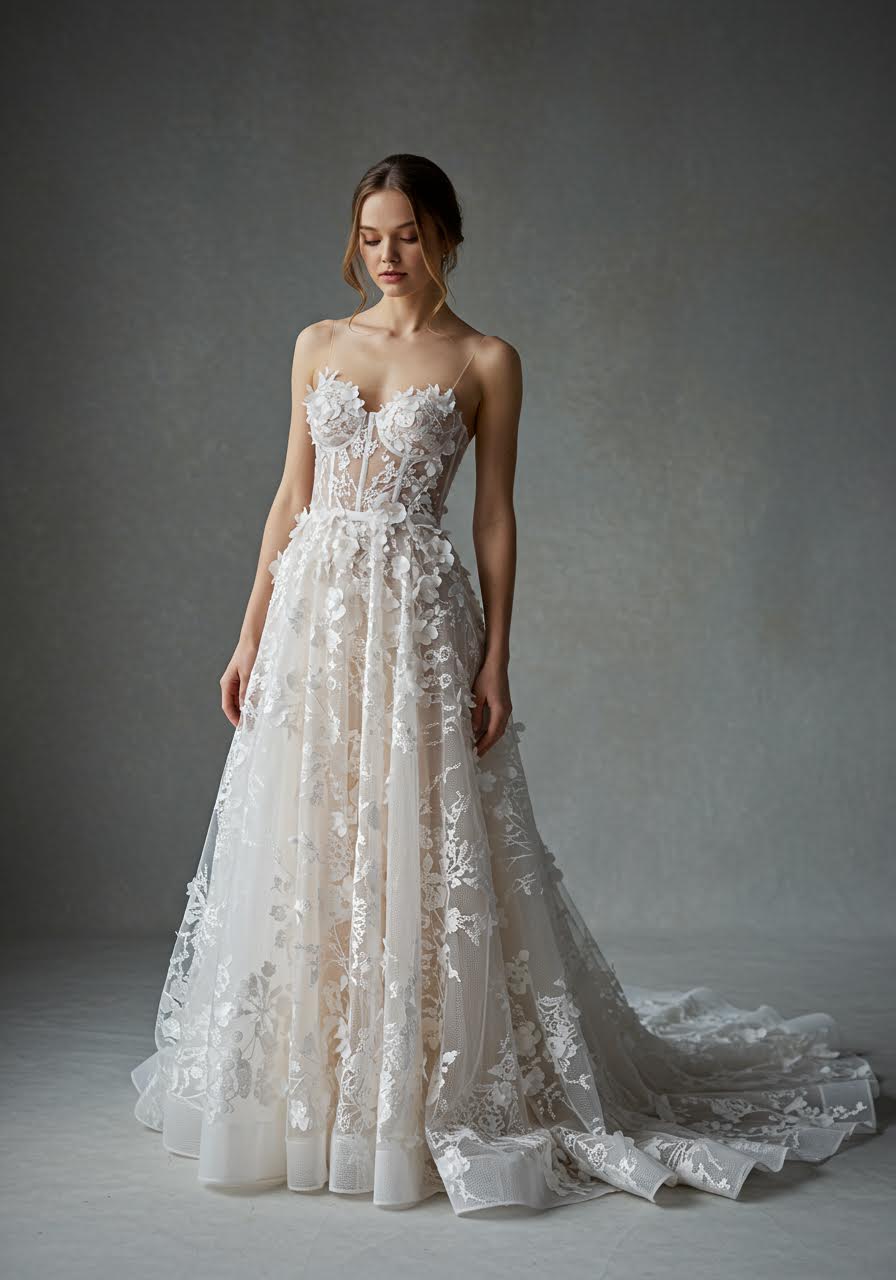 Ethereal lace and tulle wedding gown featuring dimensional 3D floral appliqués and romantic silhouette