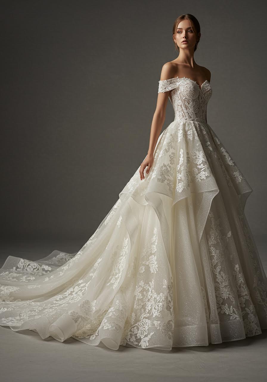 Low angle portrait focusing on fitted lace bodice with dramatic ball gown skirt below