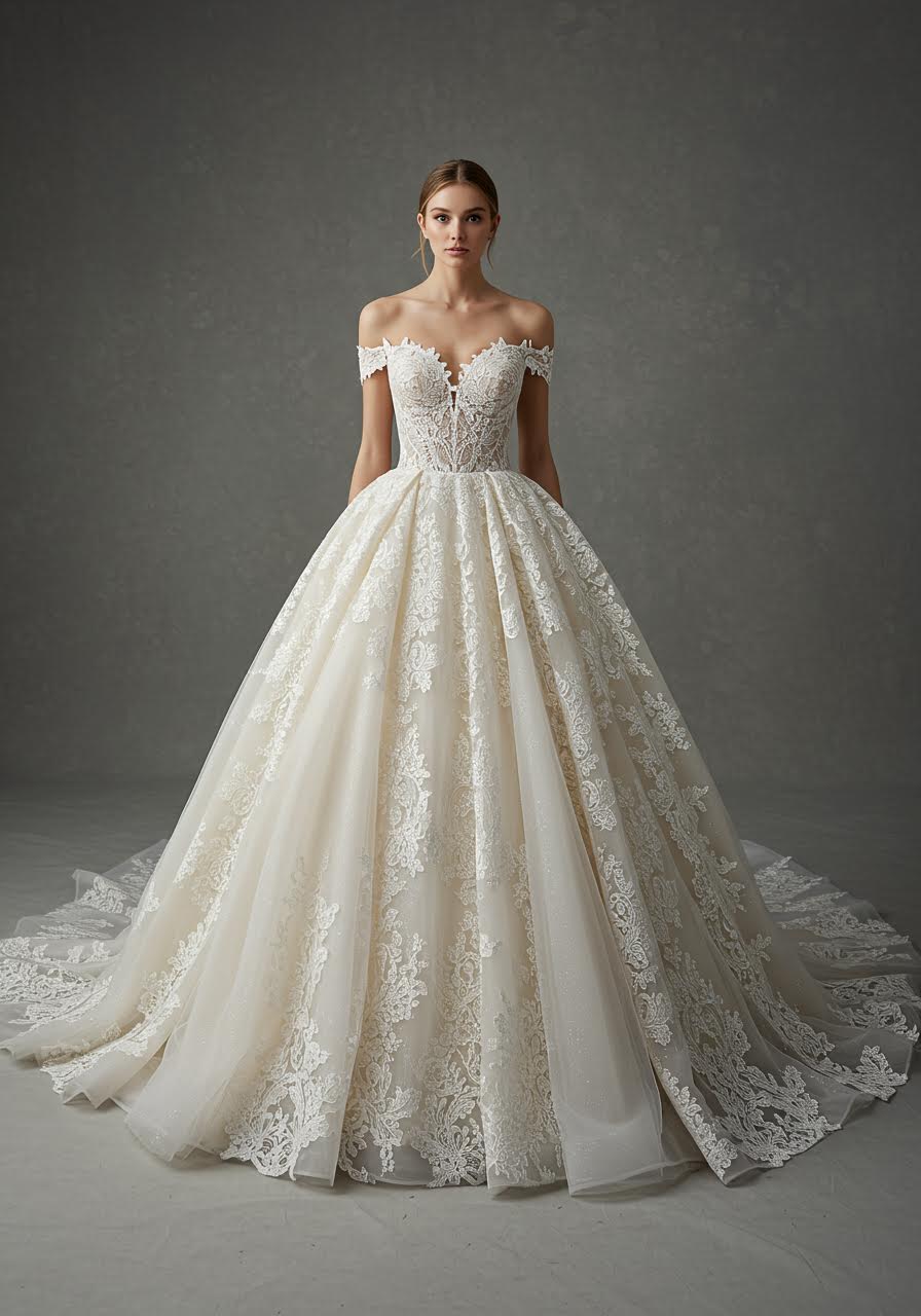 Ethereal lace wedding gown with voluminous layers creating dramatic princess ball gown silhouette