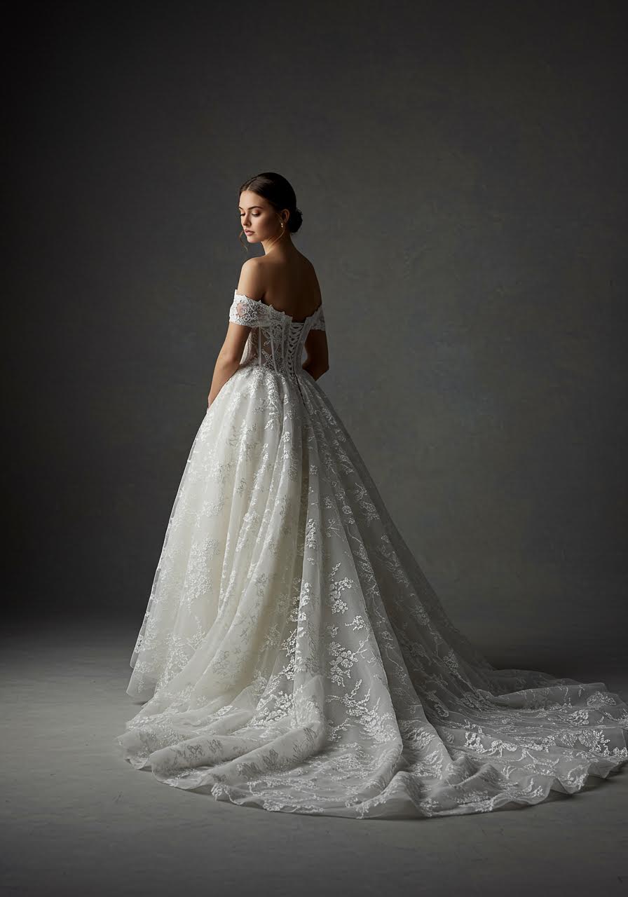 Frosted lace ball gown with layered tulle skirt and delicate winter-inspired details