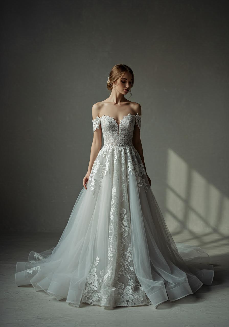 Hazy gray and ivory lace wedding gown with sophisticated neutral tones and elegant silhouette