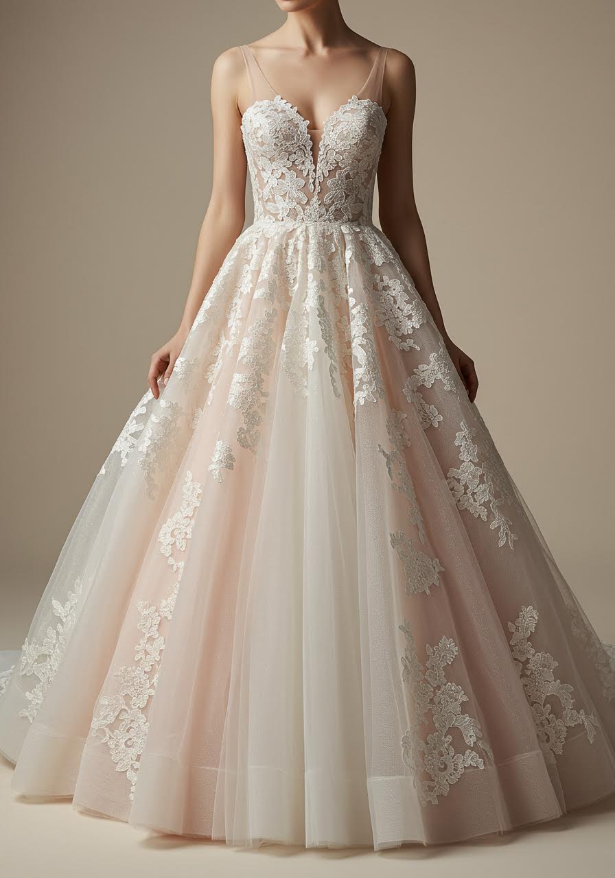 Ivory and blush ball gown with sweetheart neckline and cascading lace appliqués