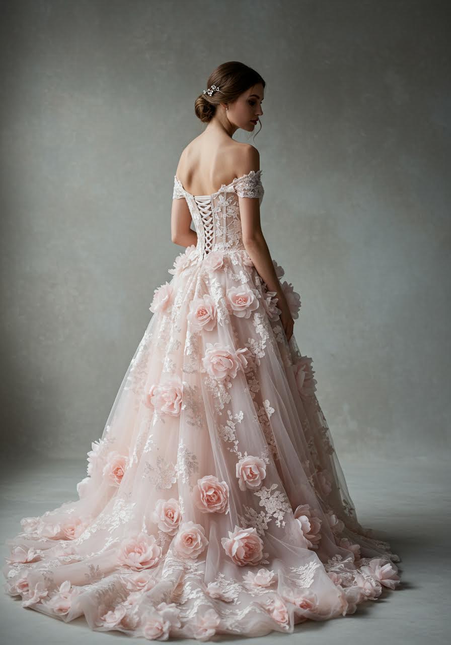 Peony-embroidered tulle wedding gown with botanical motifs and romantic garden-inspired design