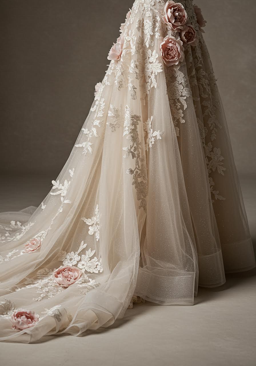 Detailed floor view of peony embroidery work on tulle showing intricate botanical needlework