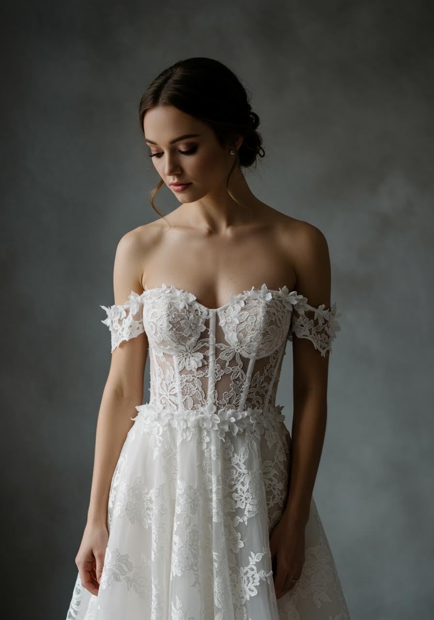 High angle view showcasing intricate lace sleeve construction and floral motif placement